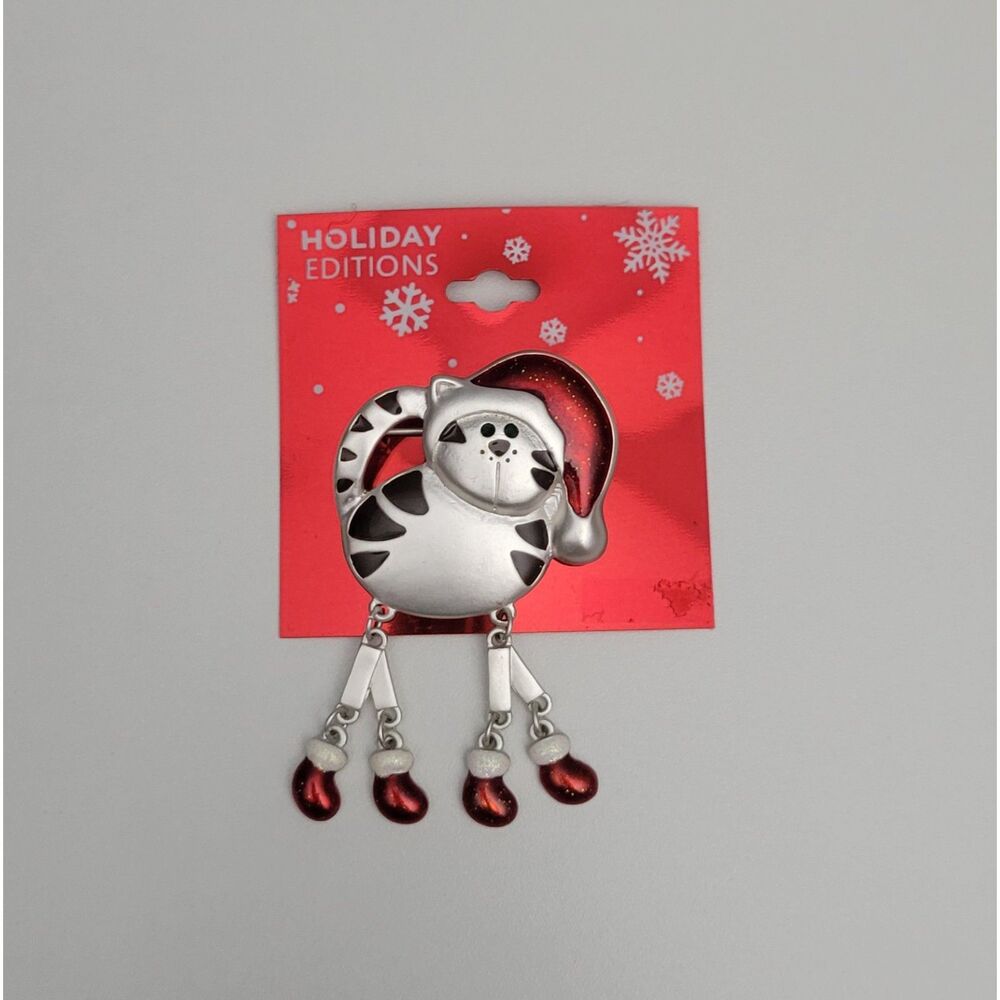 Kmart Holiday Editions Silver Tone Tabby Cat Holiday Pin Santa Hat Dangling Legs